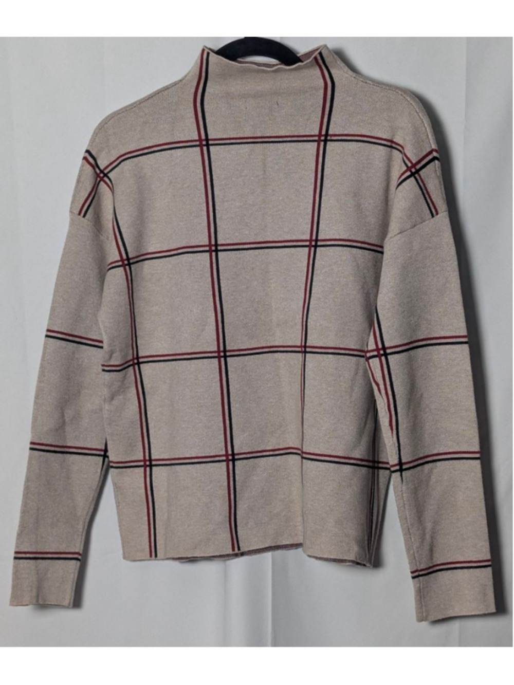 Tahari Beige Plaid Mock Neck Sweater Women’s Large